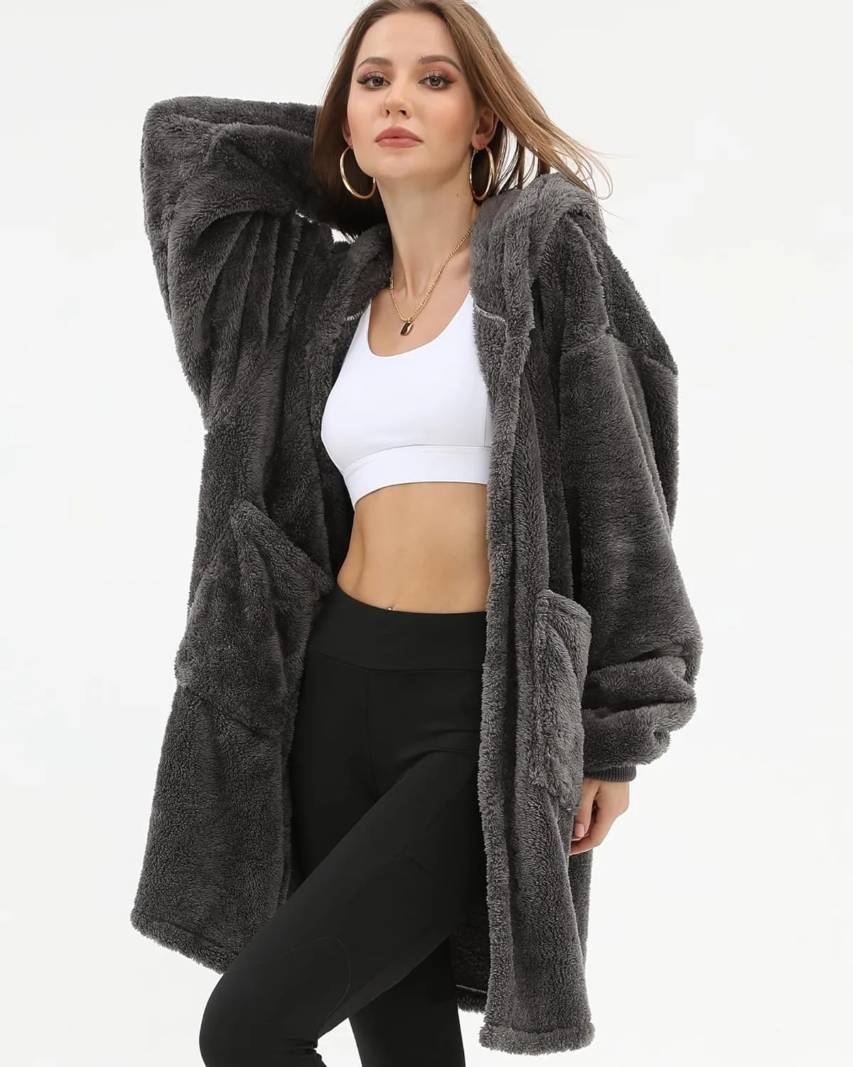 Argstar Hooded Cardigan for Women and Men, Oversized Sweatshirt Fuzzy Fleece Blanket Hoodie Jacket - One Size Fits All