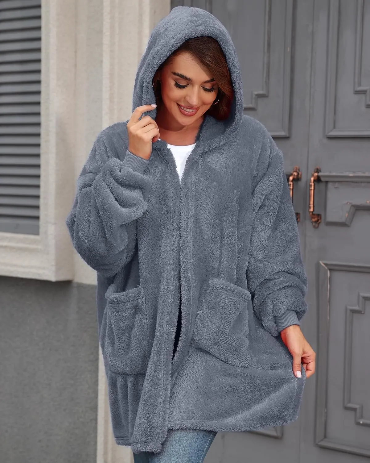 Argstar Hooded Cardigan for Women and Men, Oversized Sweatshirt Fuzzy Fleece Blanket Hoodie Jacket - One Size Fits All