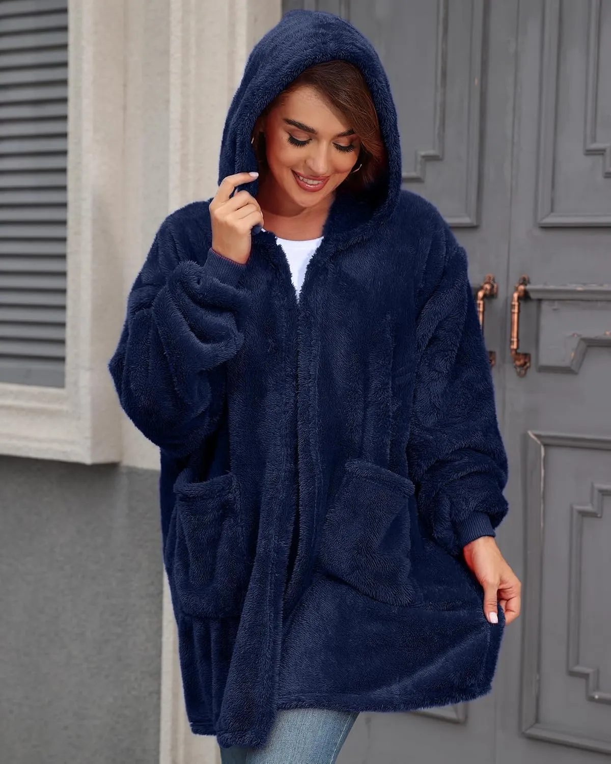 Argstar Hooded Cardigan for Women and Men, Oversized Sweatshirt Fuzzy Fleece Blanket Hoodie Jacket - One Size Fits All