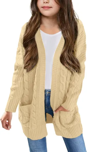 Arshiner Girls Open Front Cardigan Long Sleeve Casual Kids Fall Clothes Solid Thick Chunky Sweater Coat with Pockets