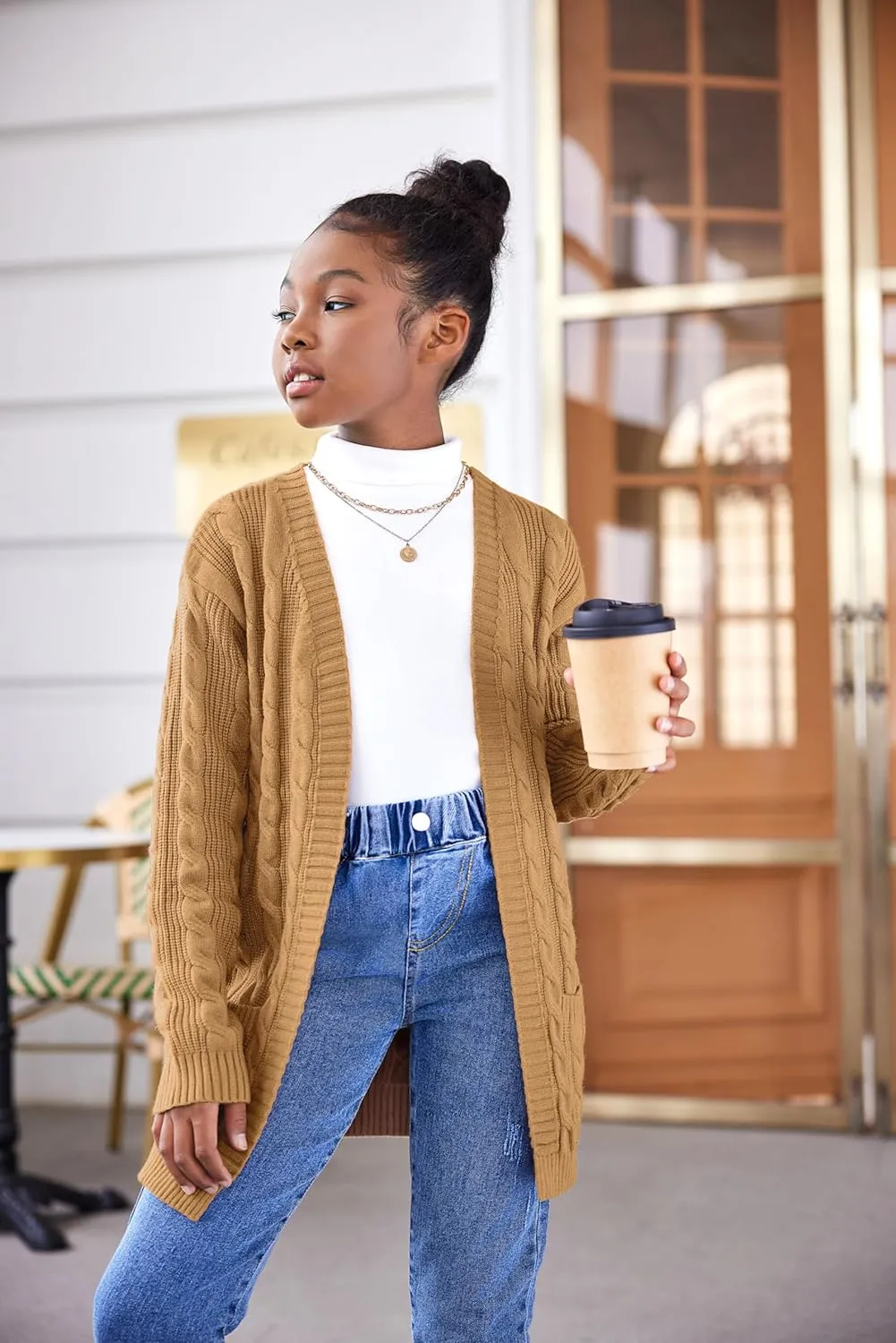 Arshiner Girls Open Front Cardigan Long Sleeve Casual Kids Fall Clothes Solid Thick Chunky Sweater Coat with Pockets