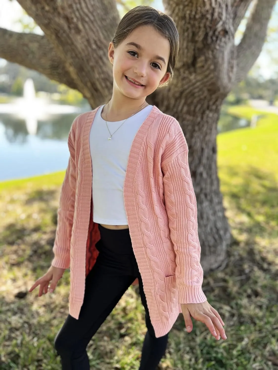Arshiner Girls Open Front Cardigan Long Sleeve Casual Kids Fall Clothes Solid Thick Chunky Sweater Coat with Pockets