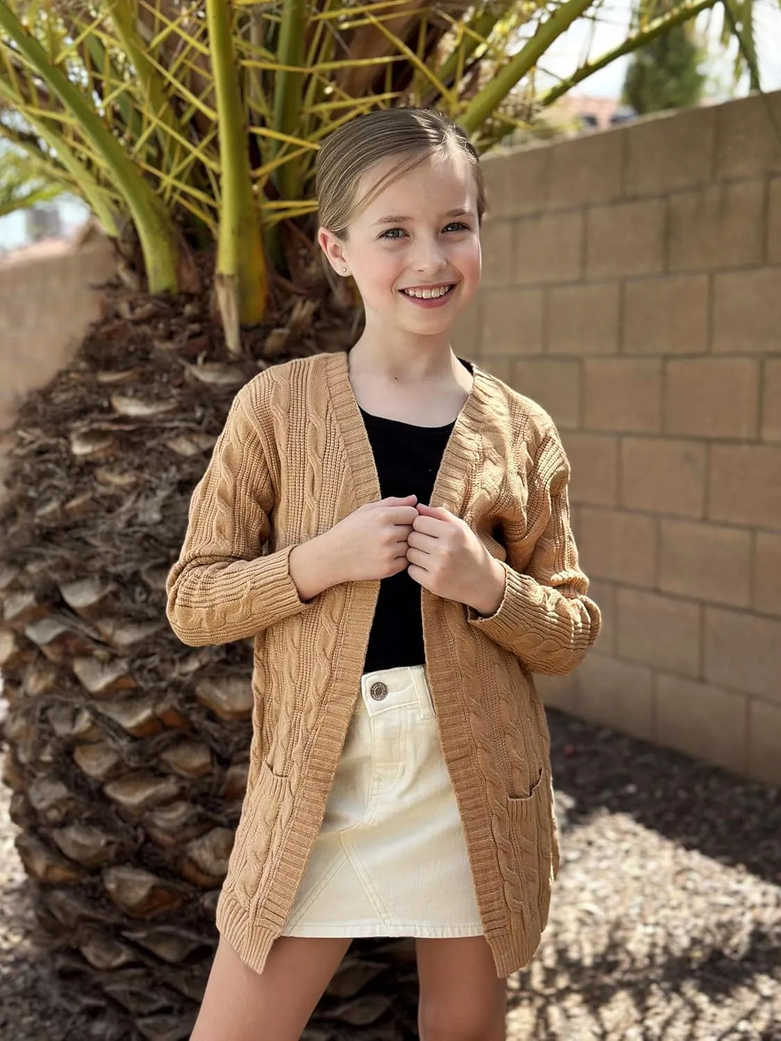 Arshiner Girls Open Front Cardigan Long Sleeve Casual Kids Fall Clothes Solid Thick Chunky Sweater Coat with Pockets