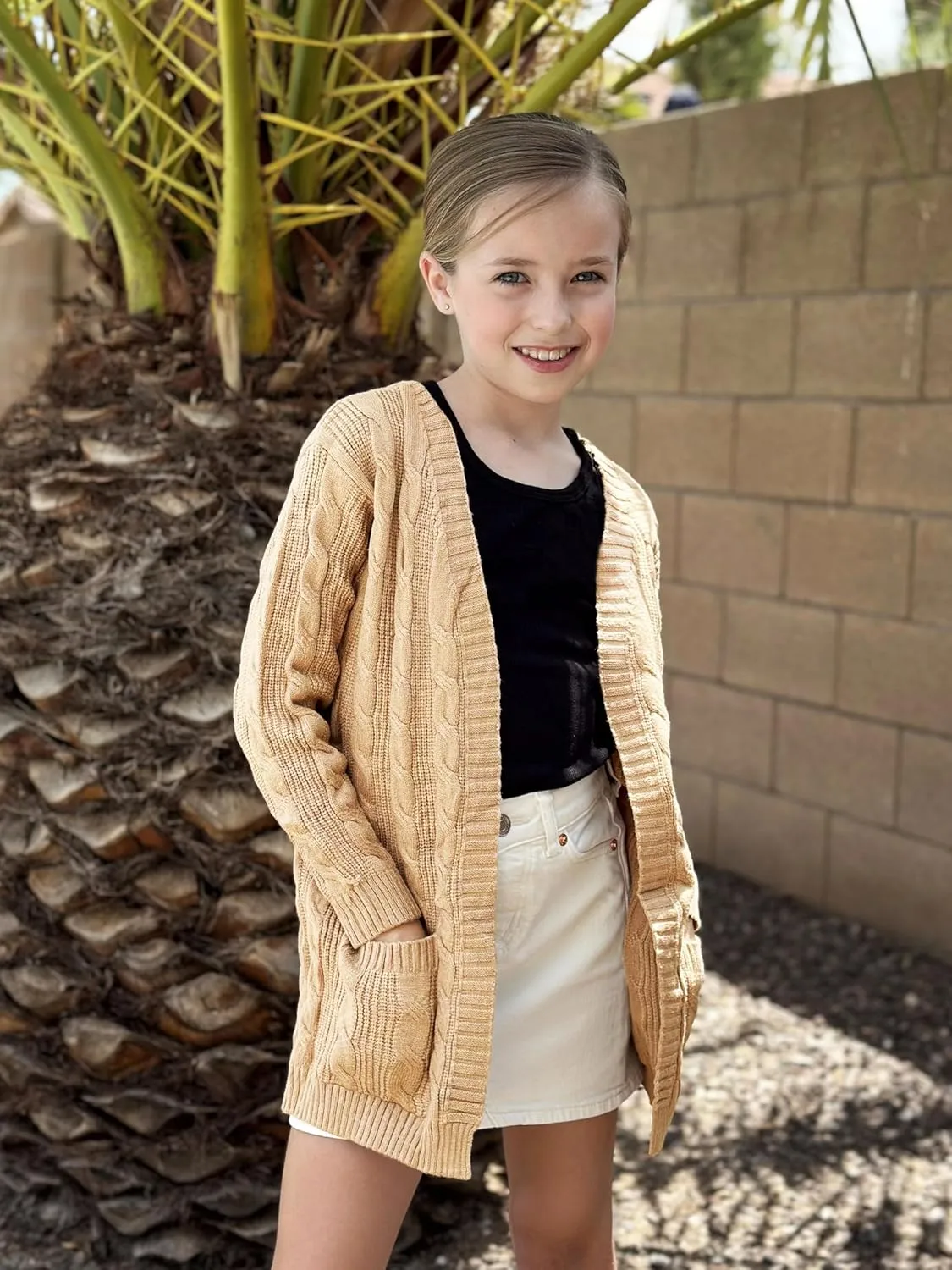 Arshiner Girls Open Front Cardigan Long Sleeve Casual Kids Fall Clothes Solid Thick Chunky Sweater Coat with Pockets