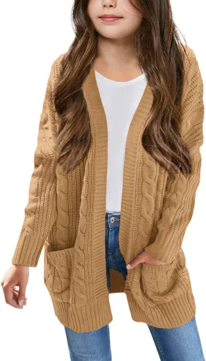 Arshiner Girls Open Front Cardigan Long Sleeve Casual Kids Fall Clothes Solid Thick Chunky Sweater Coat with Pockets