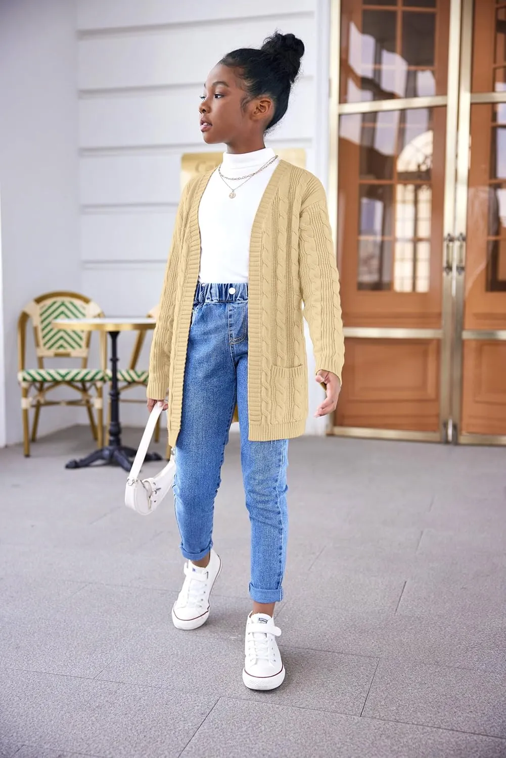 Arshiner Girls Open Front Cardigan Long Sleeve Casual Kids Fall Clothes Solid Thick Chunky Sweater Coat with Pockets