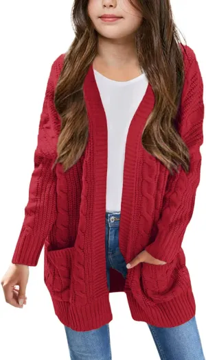 Arshiner Girls Open Front Cardigan Long Sleeve Casual Kids Fall Clothes Solid Thick Chunky Sweater Coat with Pockets