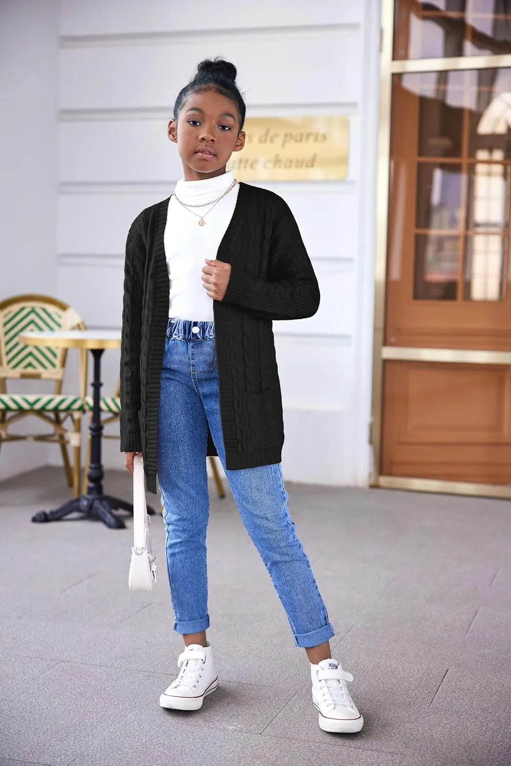 Arshiner Girls Open Front Cardigan Long Sleeve Casual Kids Fall Clothes Solid Thick Chunky Sweater Coat with Pockets