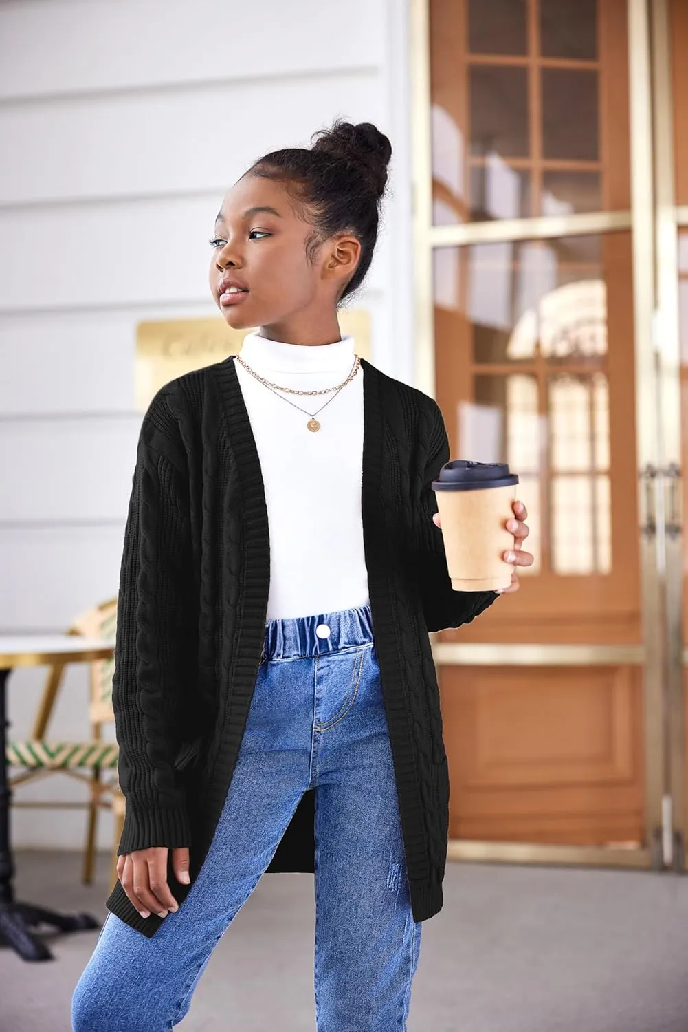 Arshiner Girls Open Front Cardigan Long Sleeve Casual Kids Fall Clothes Solid Thick Chunky Sweater Coat with Pockets