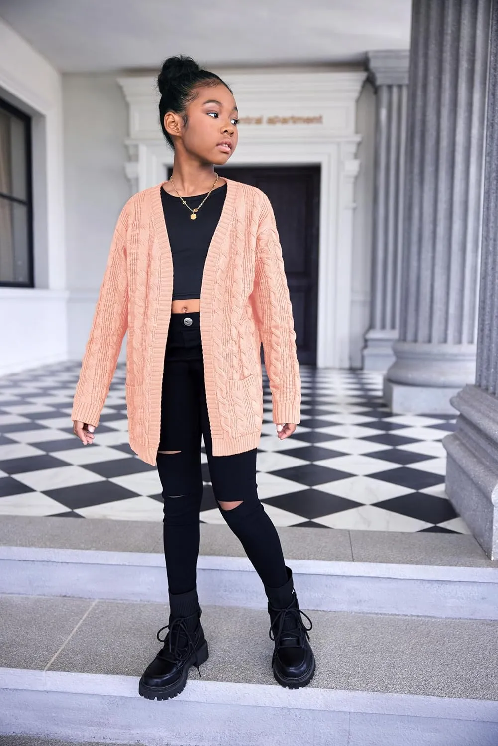Arshiner Girls Open Front Cardigan Long Sleeve Casual Kids Fall Clothes Solid Thick Chunky Sweater Coat with Pockets