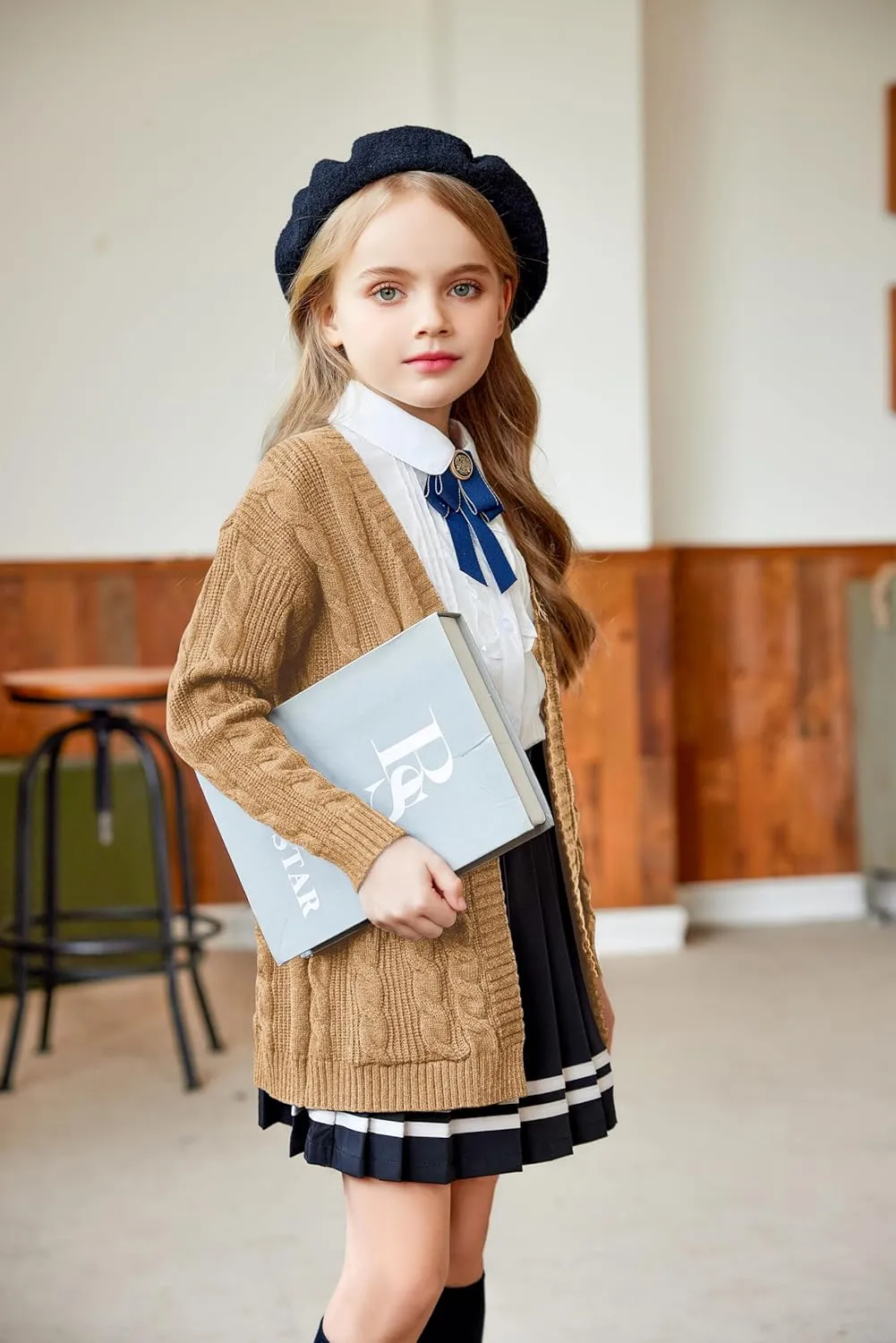 Arshiner Girls Open Front Cardigan Long Sleeve Casual Kids Fall Clothes Solid Thick Chunky Sweater Coat with Pockets