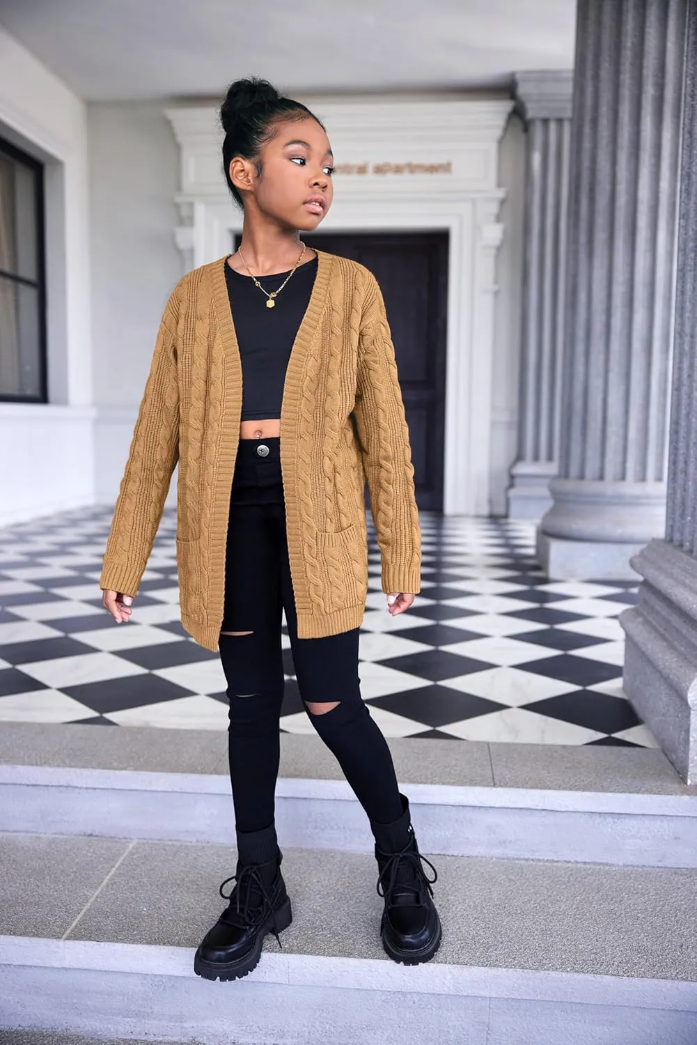 Arshiner Girls Open Front Cardigan Long Sleeve Casual Kids Fall Clothes Solid Thick Chunky Sweater Coat with Pockets