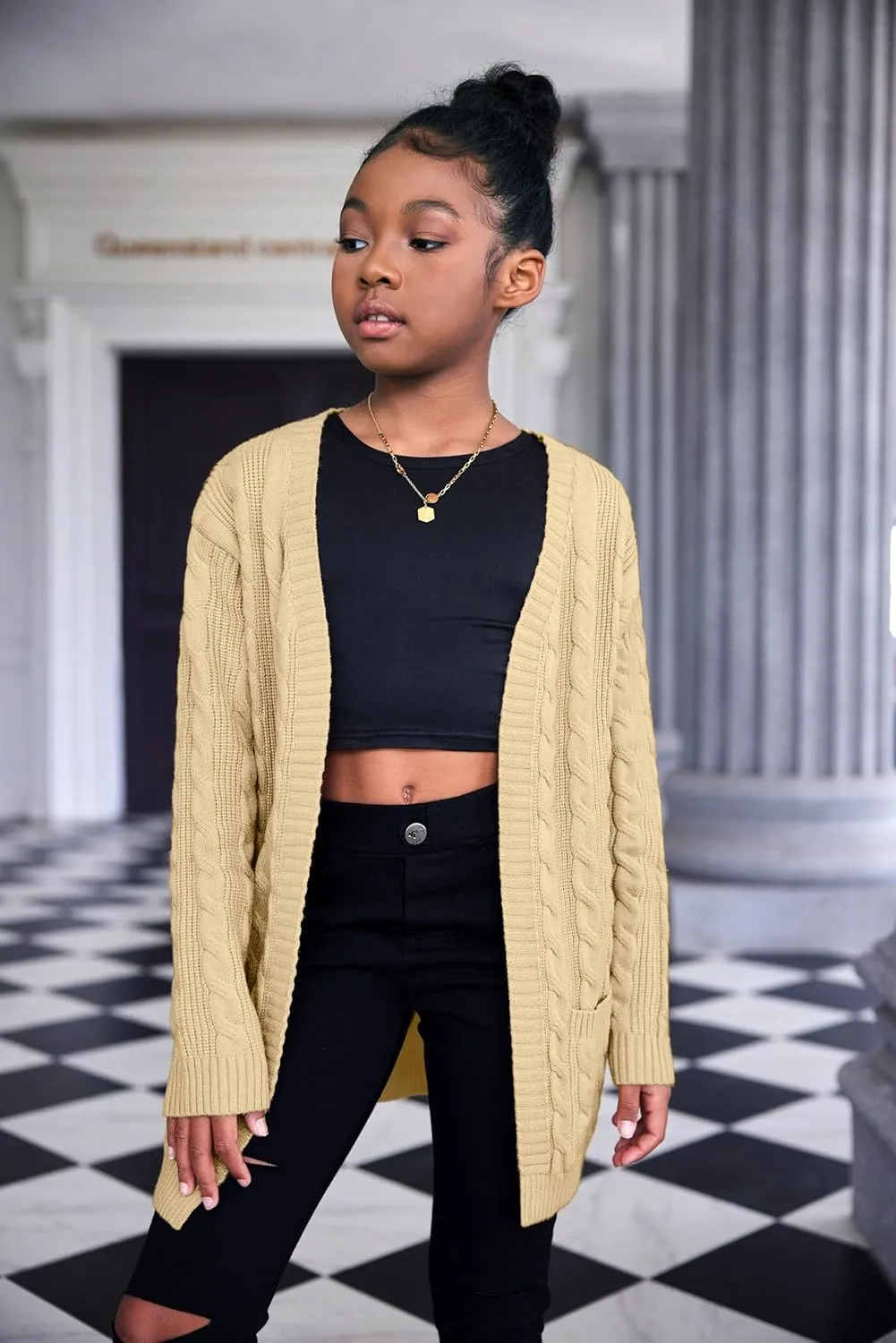 Arshiner Girls Open Front Cardigan Long Sleeve Casual Kids Fall Clothes Solid Thick Chunky Sweater Coat with Pockets