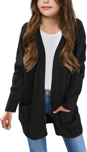 Arshiner Girls Open Front Cardigan Long Sleeve Casual Kids Fall Clothes Solid Thick Chunky Sweater Coat with Pockets