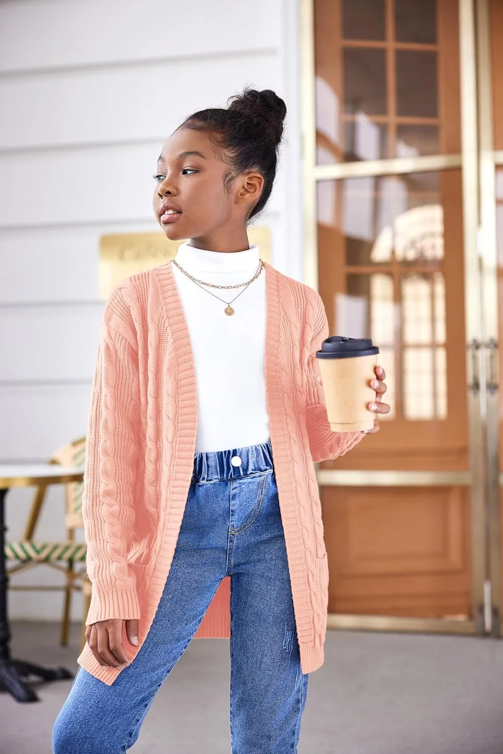 Arshiner Girls Open Front Cardigan Long Sleeve Casual Kids Fall Clothes Solid Thick Chunky Sweater Coat with Pockets