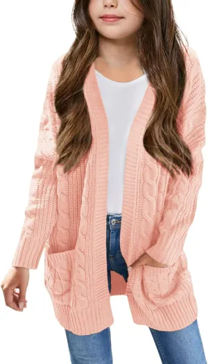 Arshiner Girls Open Front Cardigan Long Sleeve Casual Kids Fall Clothes Solid Thick Chunky Sweater Coat with Pockets