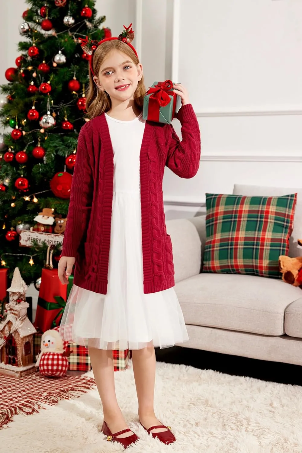 Arshiner Girls Open Front Cardigan Long Sleeve Casual Kids Fall Clothes Solid Thick Chunky Sweater Coat with Pockets