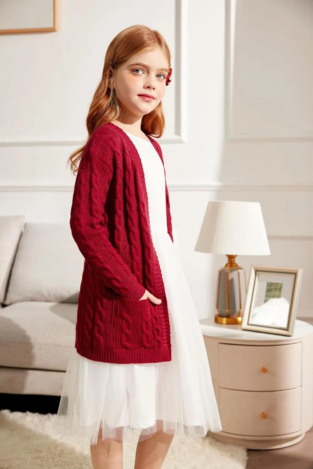 Arshiner Girls Open Front Cardigan Long Sleeve Casual Kids Fall Clothes Solid Thick Chunky Sweater Coat with Pockets