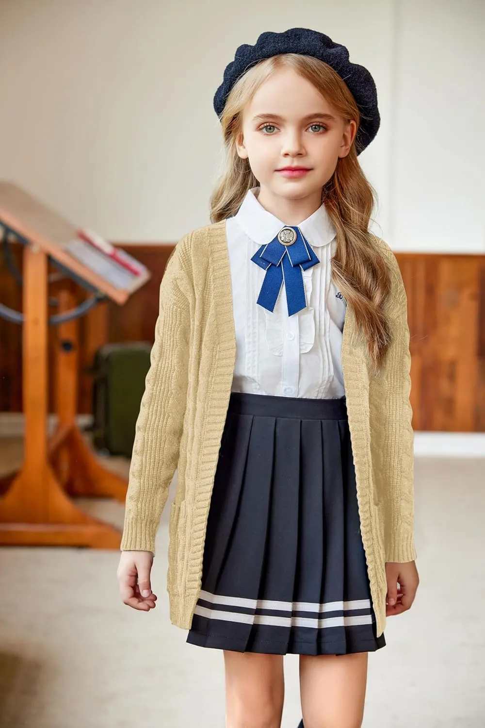 Arshiner Girls Open Front Cardigan Long Sleeve Casual Kids Fall Clothes Solid Thick Chunky Sweater Coat with Pockets