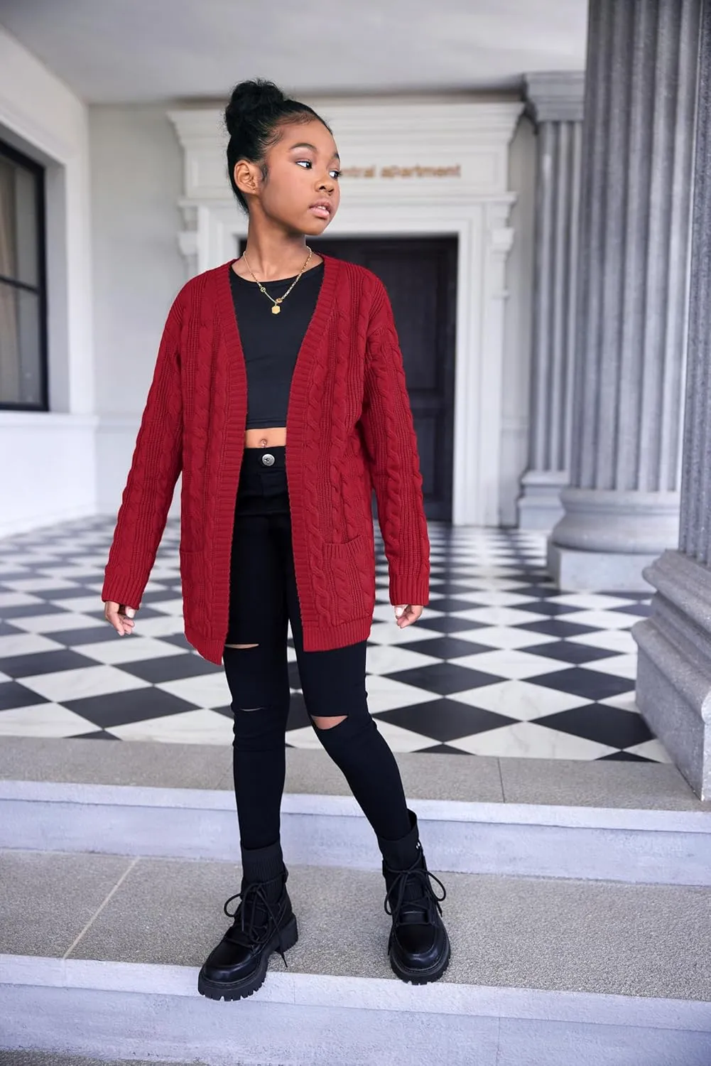 Arshiner Girls Open Front Cardigan Long Sleeve Casual Kids Fall Clothes Solid Thick Chunky Sweater Coat with Pockets