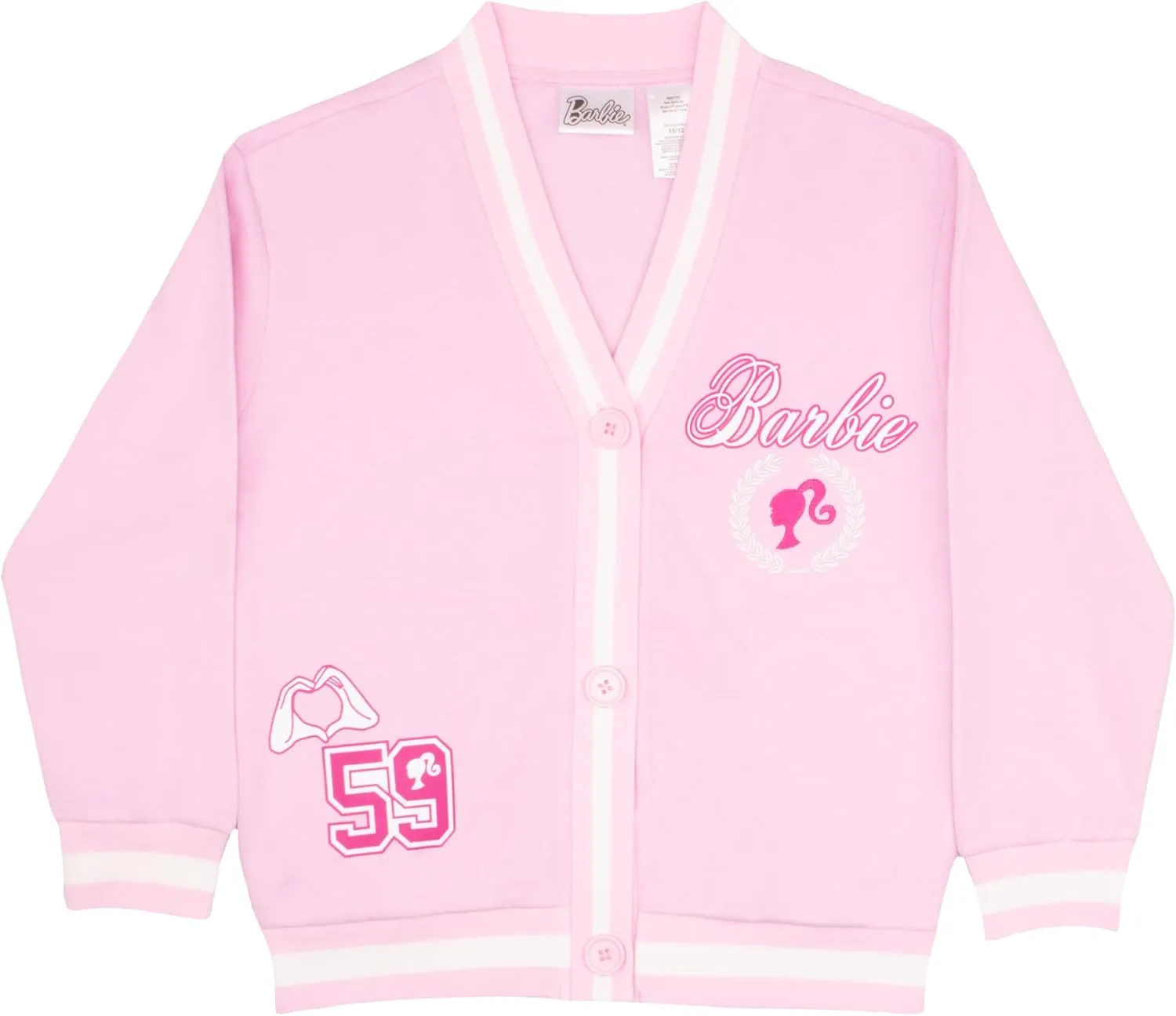 Barbie Girl's V-Neck Button Up Cardigan with Graphic Print and Embroidered Design - Long Sleeve Sweater with Pockets for Kids