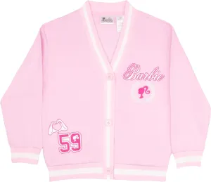 Barbie Girl's V-Neck Button Up Cardigan with Graphic Print and Embroidered Design - Long Sleeve Sweater with Pockets for Kids