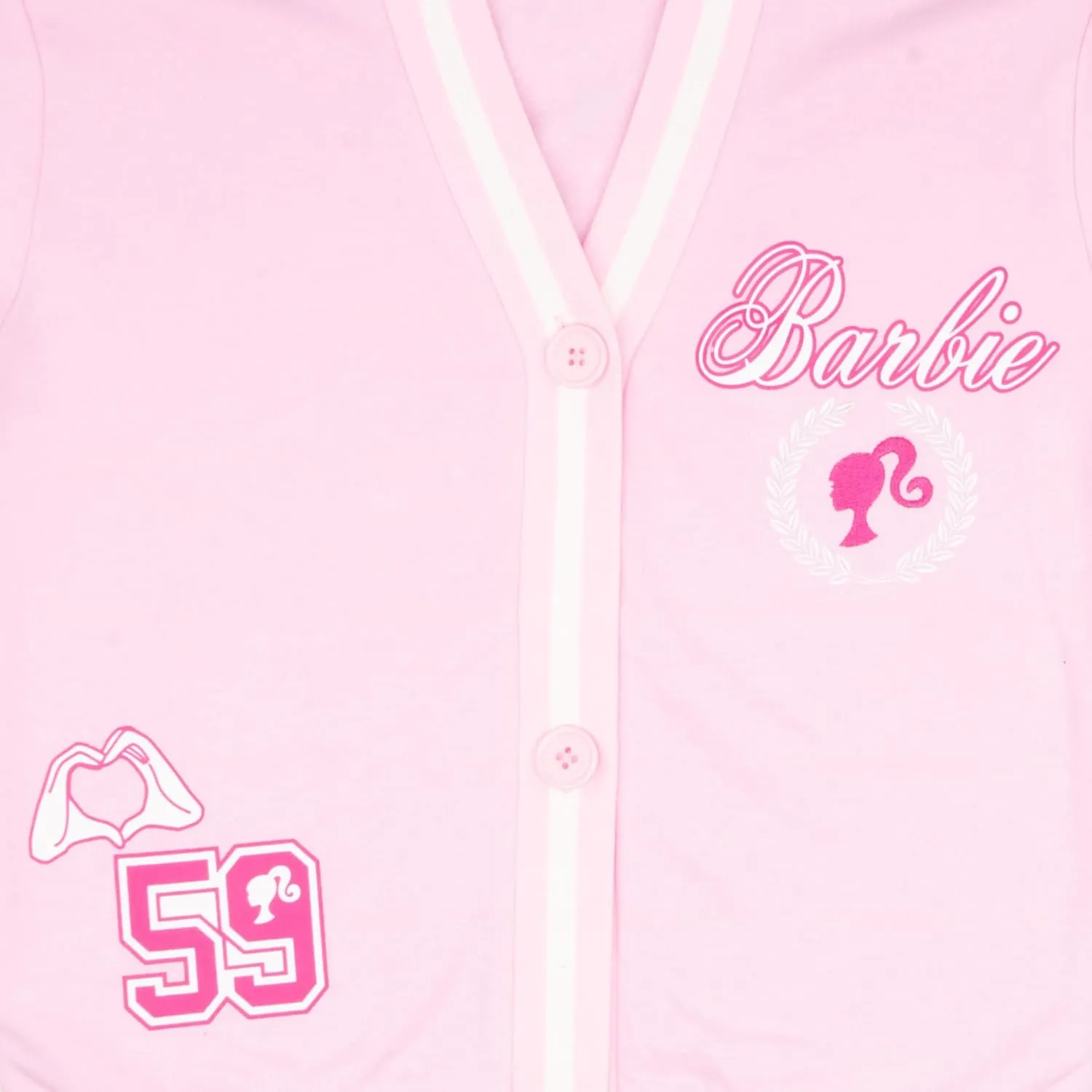 Barbie Girl's V-Neck Button Up Cardigan with Graphic Print and Embroidered Design - Long Sleeve Sweater with Pockets for Kids