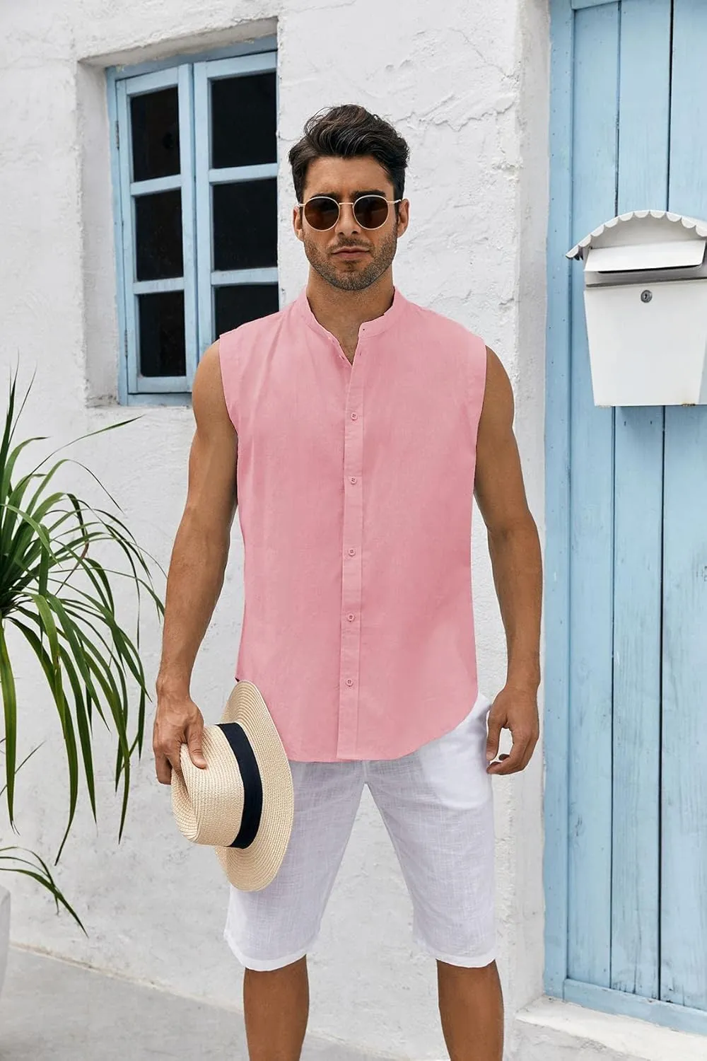 Bbalizko Mens Sleeveless Button Down Shirts Linen Cotton Summer Beach Basic Tank T-Shirt Tops