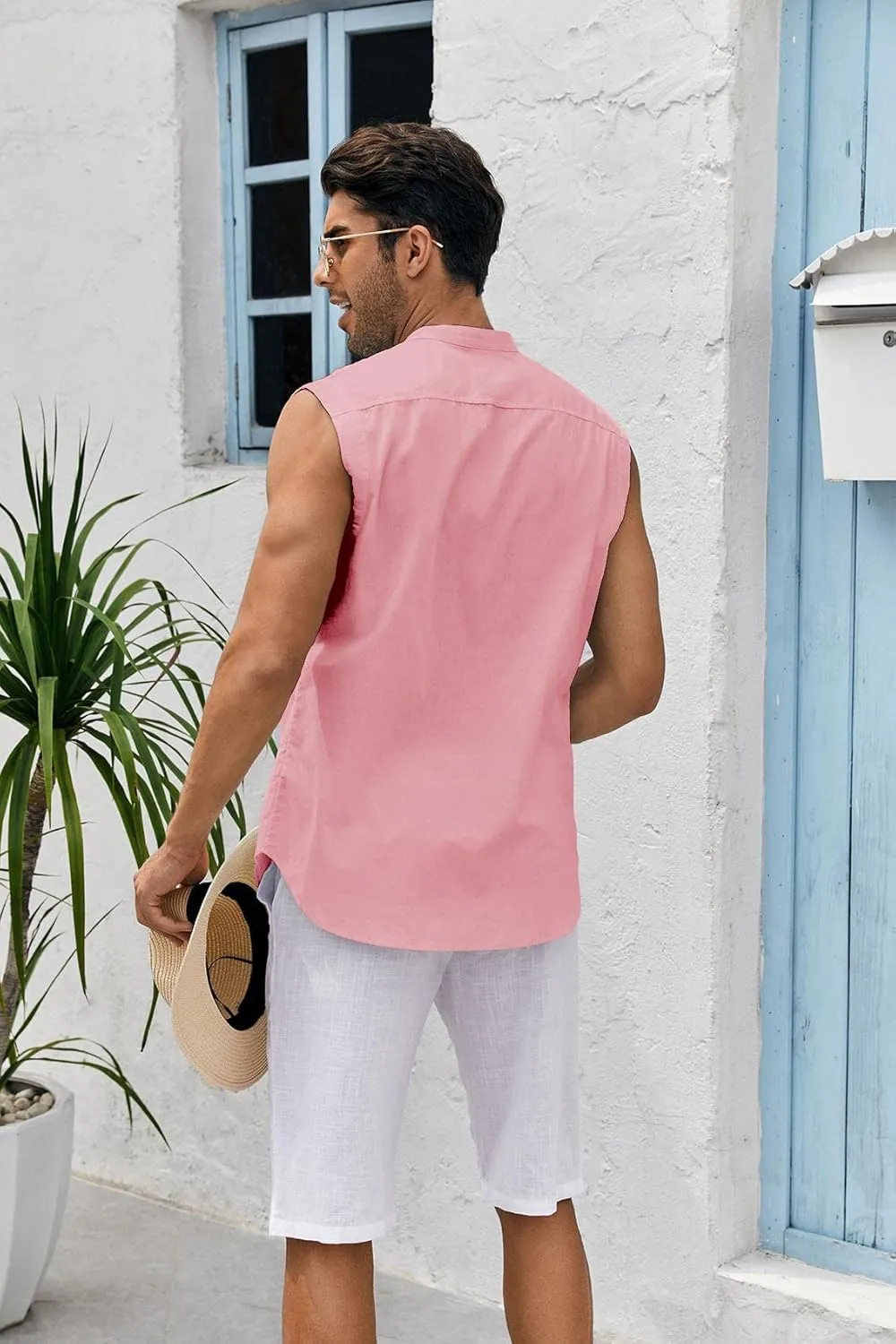 Bbalizko Mens Sleeveless Button Down Shirts Linen Cotton Summer Beach Basic Tank T-Shirt Tops
