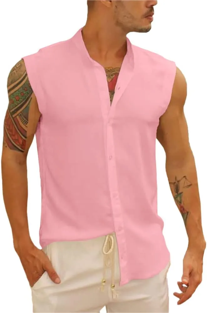 Bbalizko Mens Sleeveless Button Down Shirts Linen Cotton Summer Beach Basic Tank T-Shirt Tops