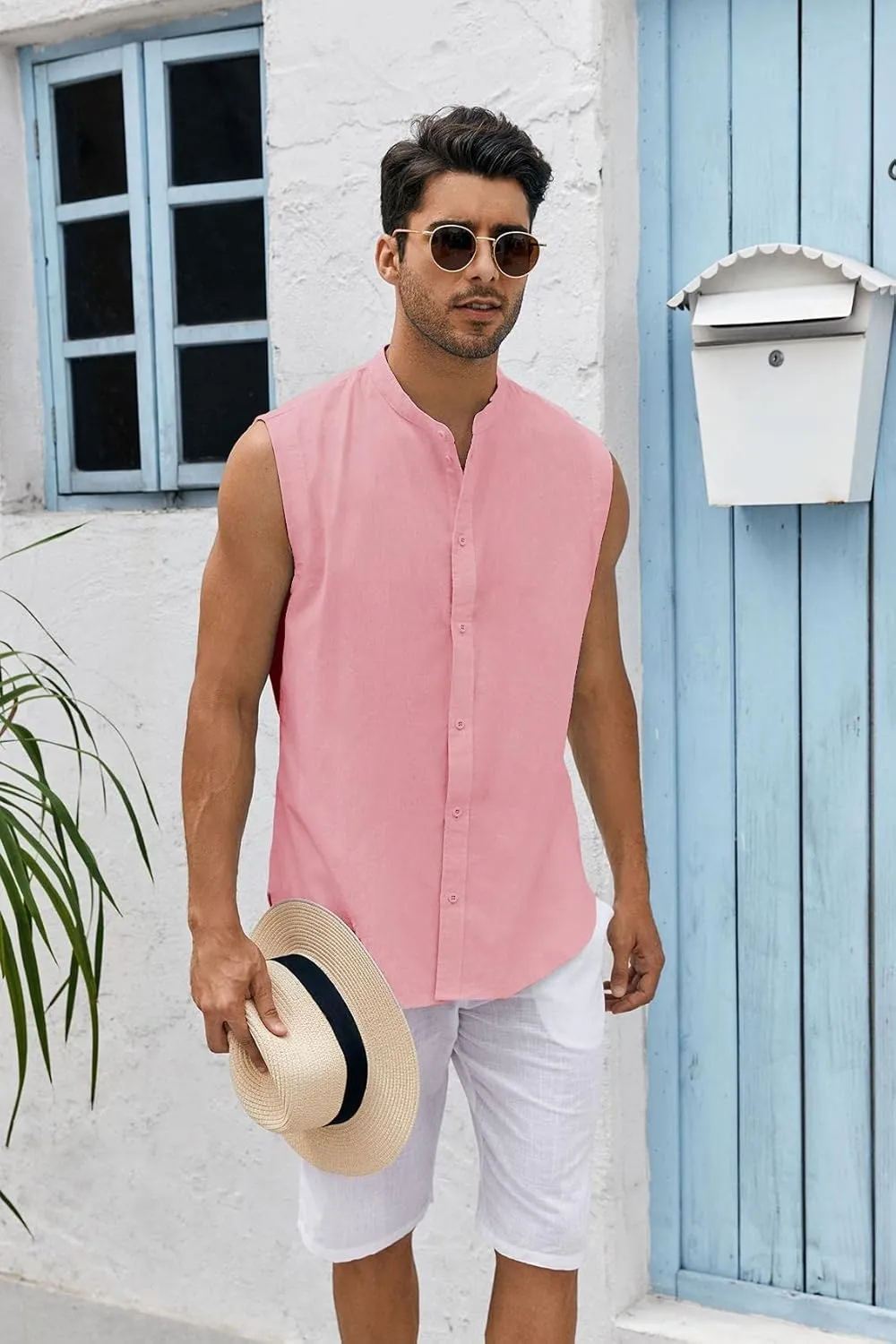 Bbalizko Mens Sleeveless Button Down Shirts Linen Cotton Summer Beach Basic Tank T-Shirt Tops