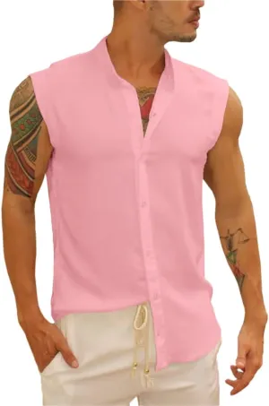 Bbalizko Mens Sleeveless Button Down Shirts Linen Cotton Summer Beach Basic Tank T-Shirt Tops