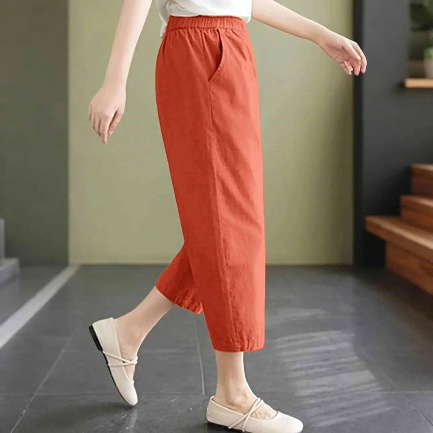 Capri Pants for Women Summer Casual Lounge Pant with Pockets Cropped Cotton Linen Loose Drawstring Baggy Trousers