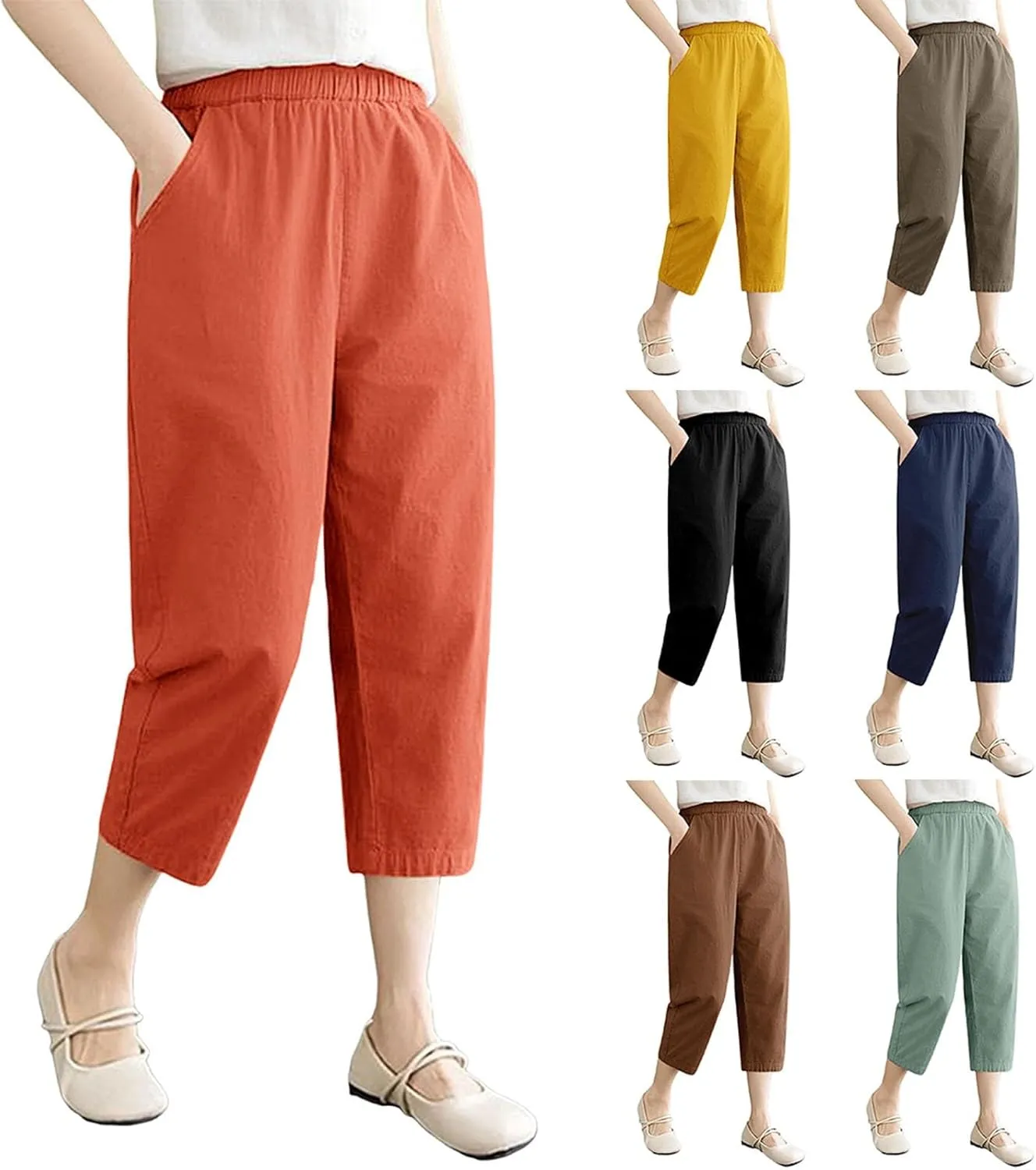 Capri Pants for Women Summer Casual Lounge Pant with Pockets Cropped Cotton Linen Loose Drawstring Baggy Trousers