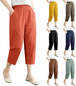 Capri Pants for Women Summer Casual Lounge Pant with Pockets Cropped Cotton Linen Loose Drawstring Baggy Trousers