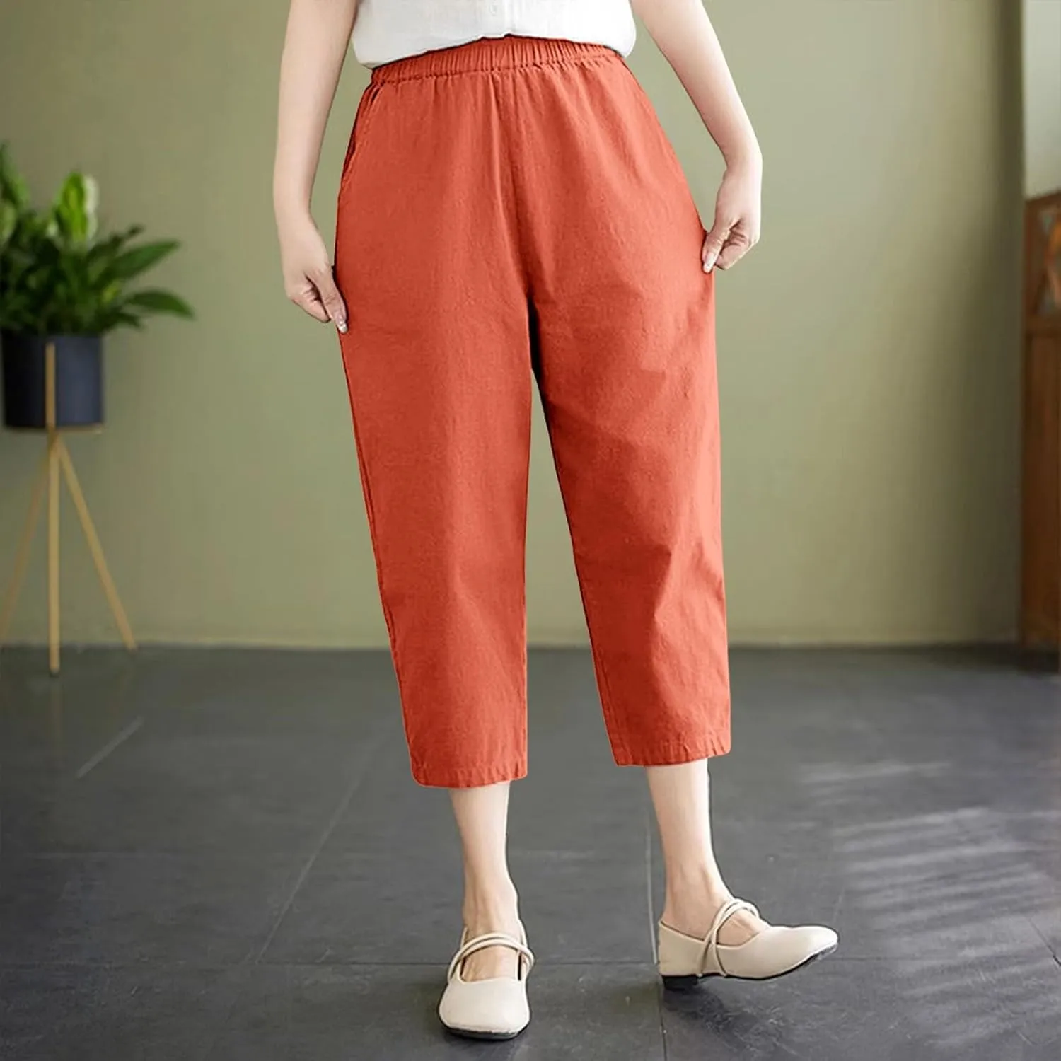 Capri Pants for Women Summer Casual Lounge Pant with Pockets Cropped Cotton Linen Loose Drawstring Baggy Trousers