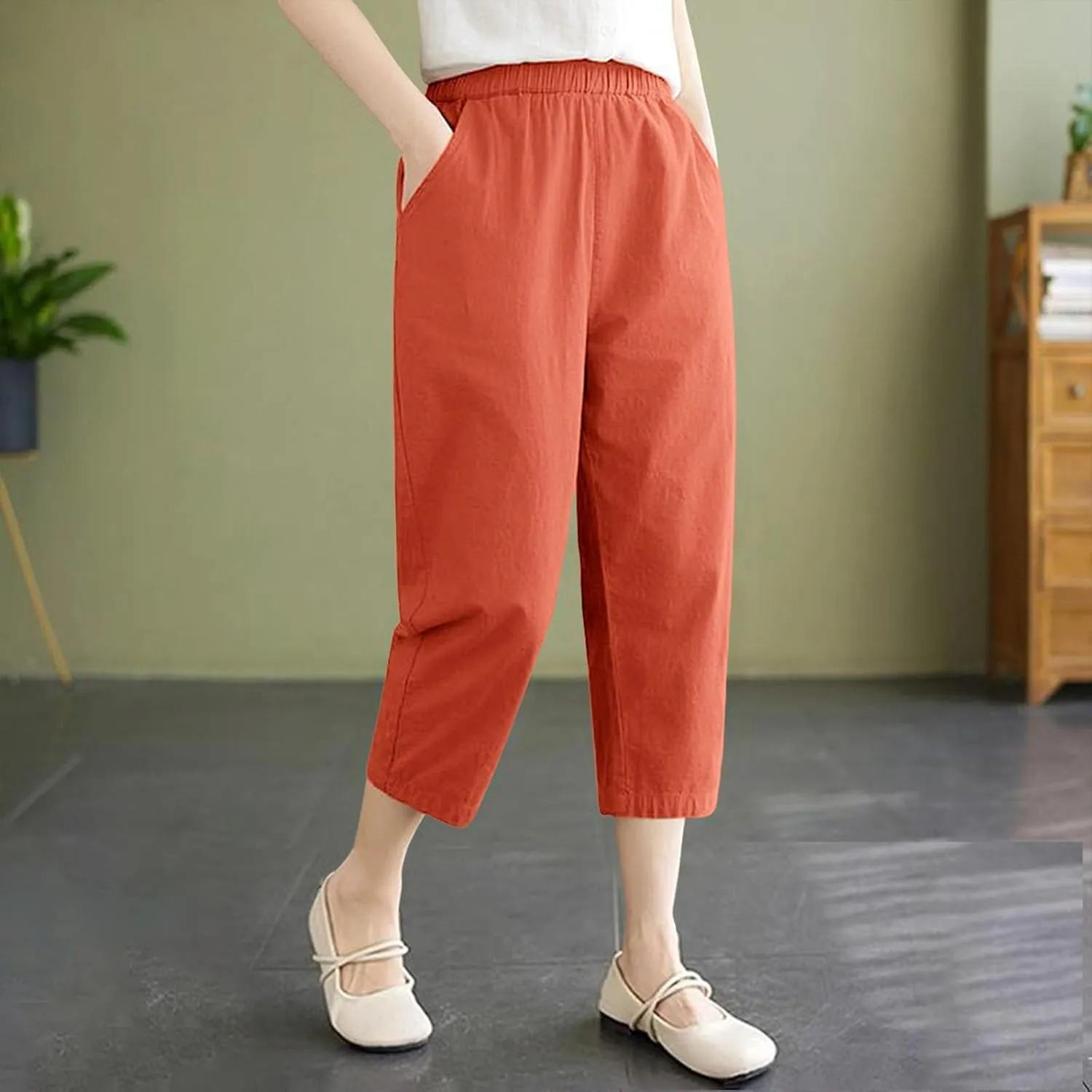 Capri Pants for Women Summer Casual Lounge Pant with Pockets Cropped Cotton Linen Loose Drawstring Baggy Trousers