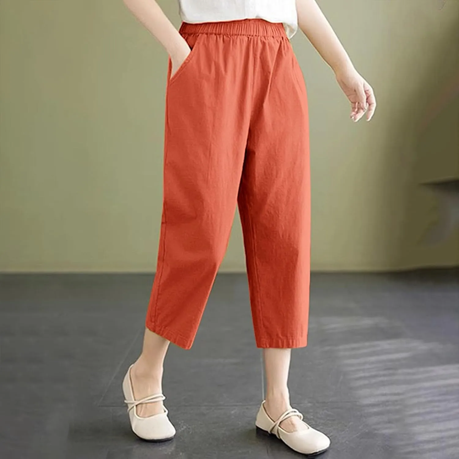 Capri Pants for Women Summer Casual Lounge Pant with Pockets Cropped Cotton Linen Loose Drawstring Baggy Trousers