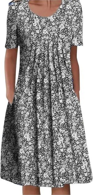 Casual Dresses for Women Floral Print Crewneck Short Sleeve Vintage Dresses with Pockets Loose Fit Trendy Summer Dress