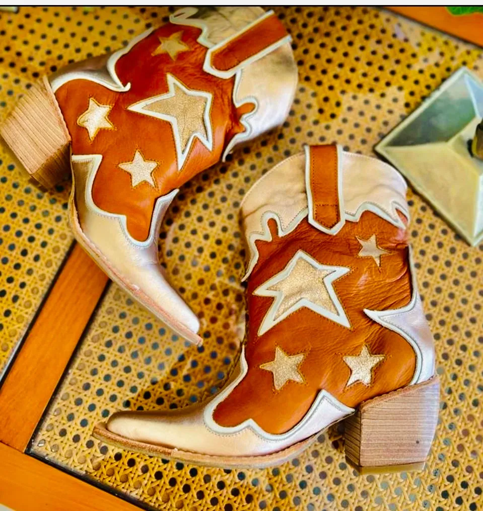 Desperado  Brown and Metallic Leather Handmade Star Cowboy Boots
