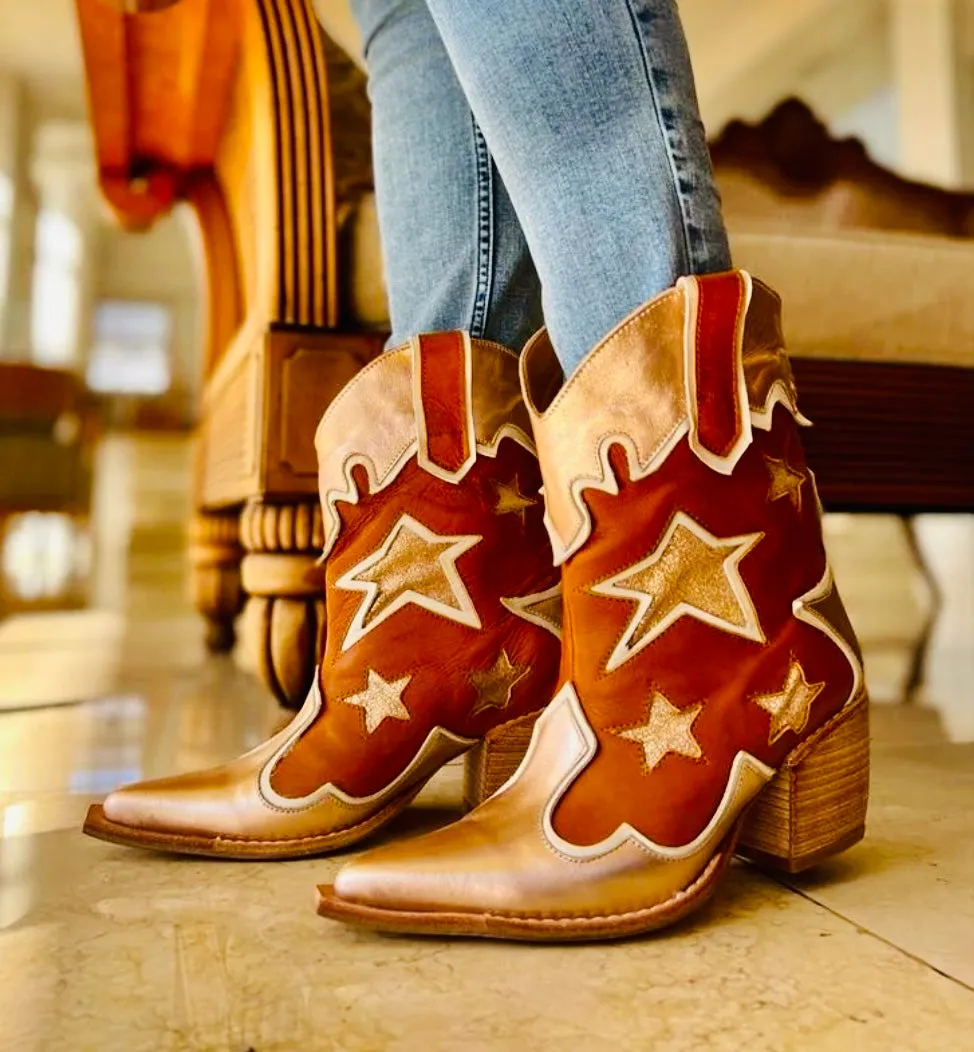 Desperado  Brown and Metallic Leather Handmade Star Cowboy Boots