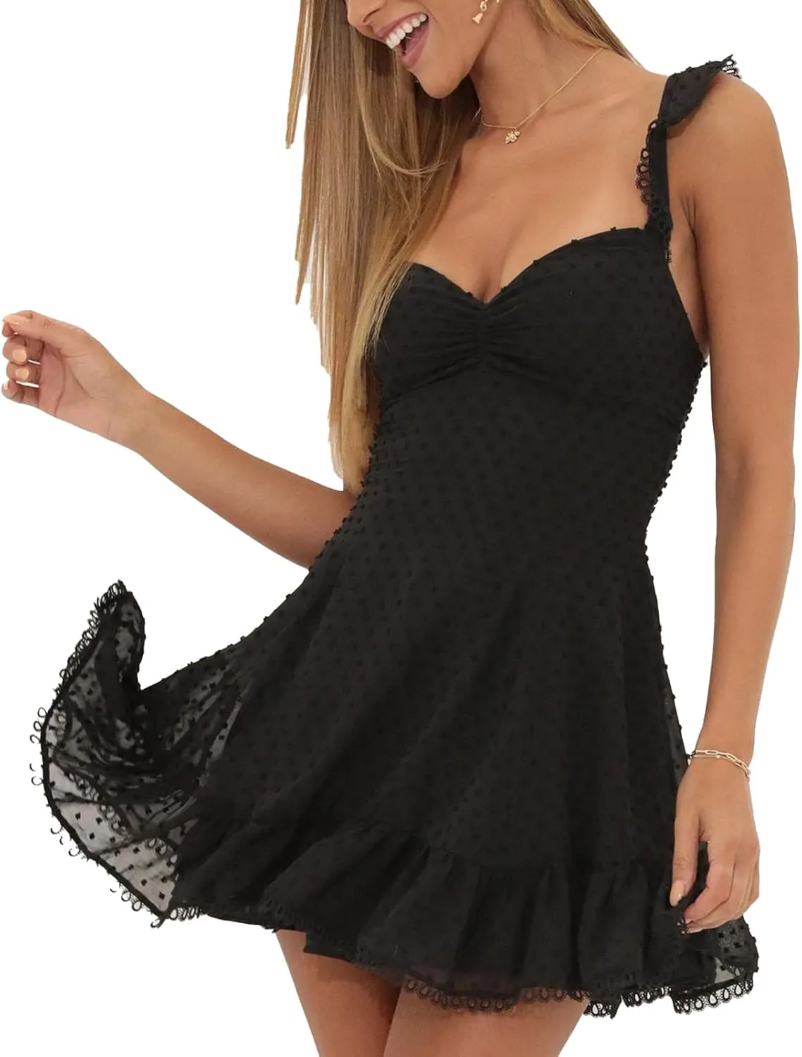 FULA-bao Women Y2k Going Out Dress Spaghetti Strap Low Cut Ruffle Mini Dresses Fairy A Line Short Dress Party Clubwear