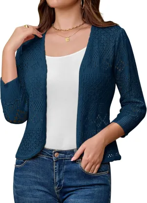 GRACE KARIN Women's 3/4 Sleeve Open Front Cropped Cardigan Summer Lightweight Hollow Out Knit Shrug