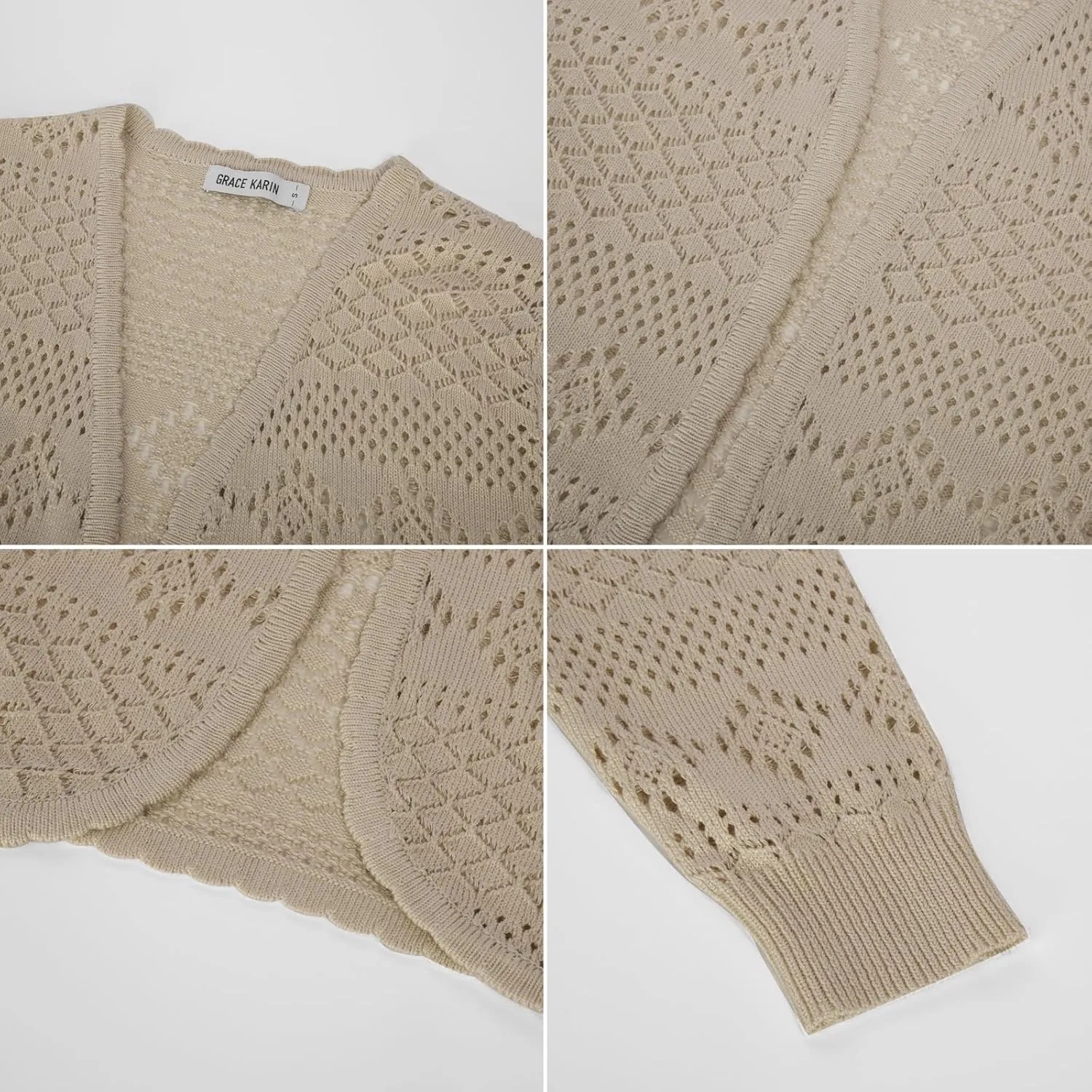 GRACE KARIN Women's 3/4 Sleeve Open Front Cropped Cardigan Summer Lightweight Hollow Out Knit Shrug