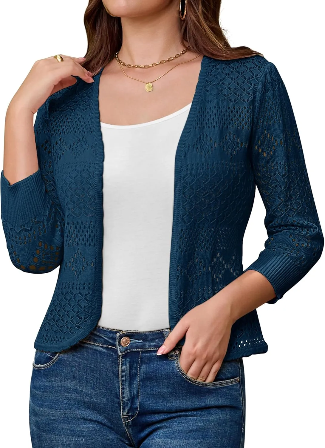 GRACE KARIN Women's 3/4 Sleeve Open Front Cropped Cardigan Summer Lightweight Hollow Out Knit Shrug