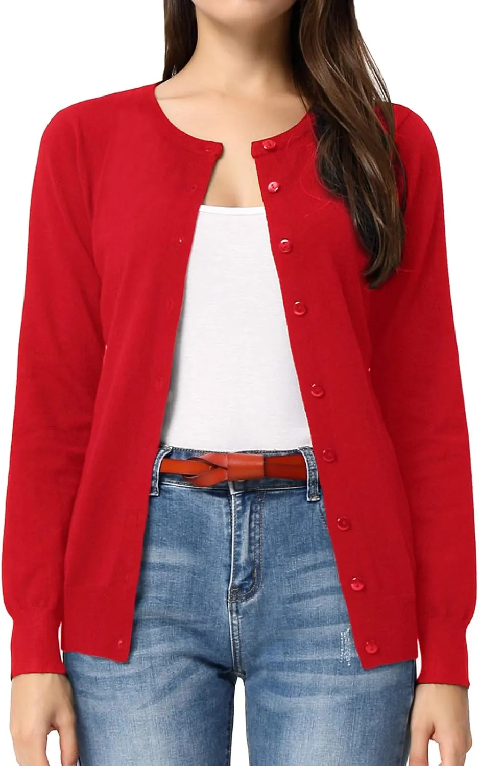 GRACE KARIN Women's Long Sleeve Button Down Crew Neck Classic Sweater Knit Cardigan