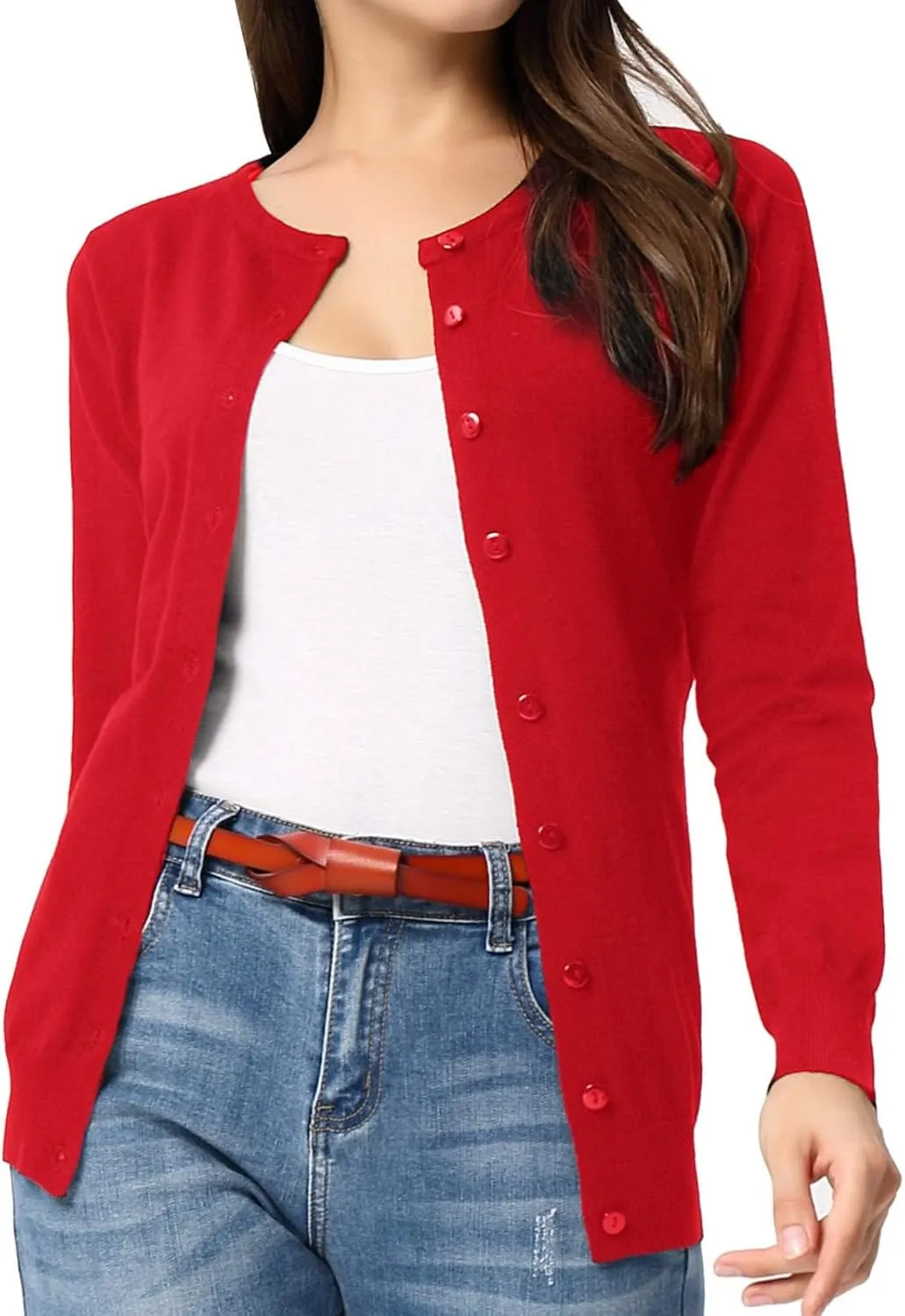 GRACE KARIN Women's Long Sleeve Button Down Crew Neck Classic Sweater Knit Cardigan