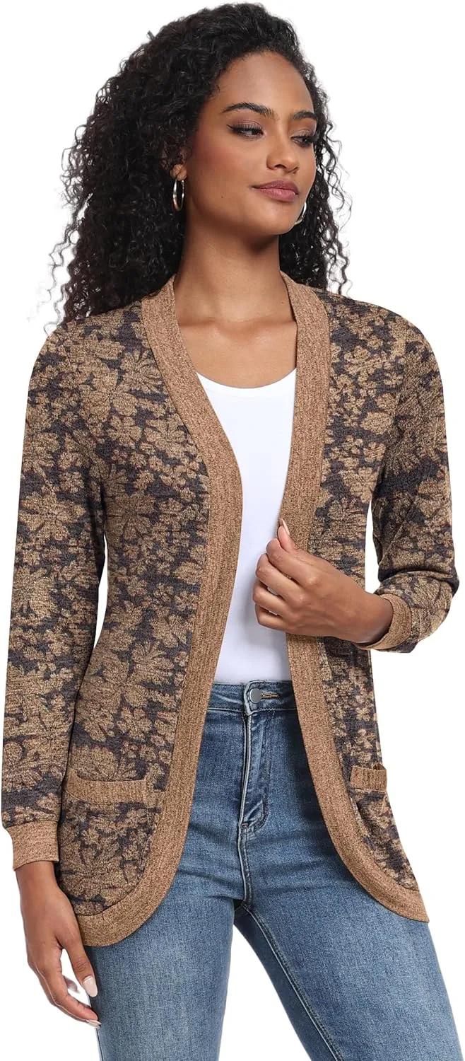 GRECERELLE Womens Long Sleeve Open Front Cardigan Casual V-Neck Curved Hem Ribbed Knit Sweater Outerwear with Pockets