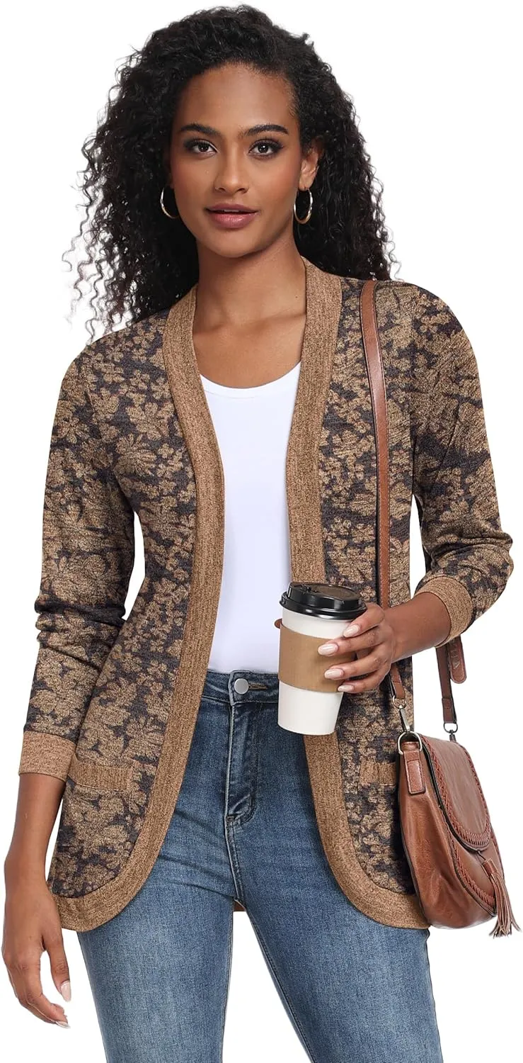 GRECERELLE Womens Long Sleeve Open Front Cardigan Casual V-Neck Curved Hem Ribbed Knit Sweater Outerwear with Pockets