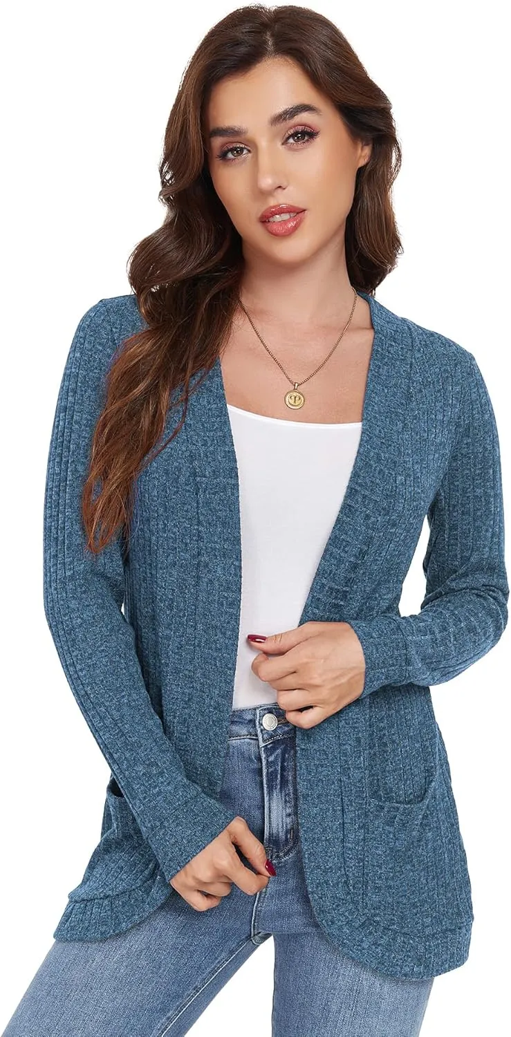 GRECERELLE Womens Long Sleeve Open Front Cardigan Casual V-Neck Curved Hem Ribbed Knit Sweater Outerwear with Pockets